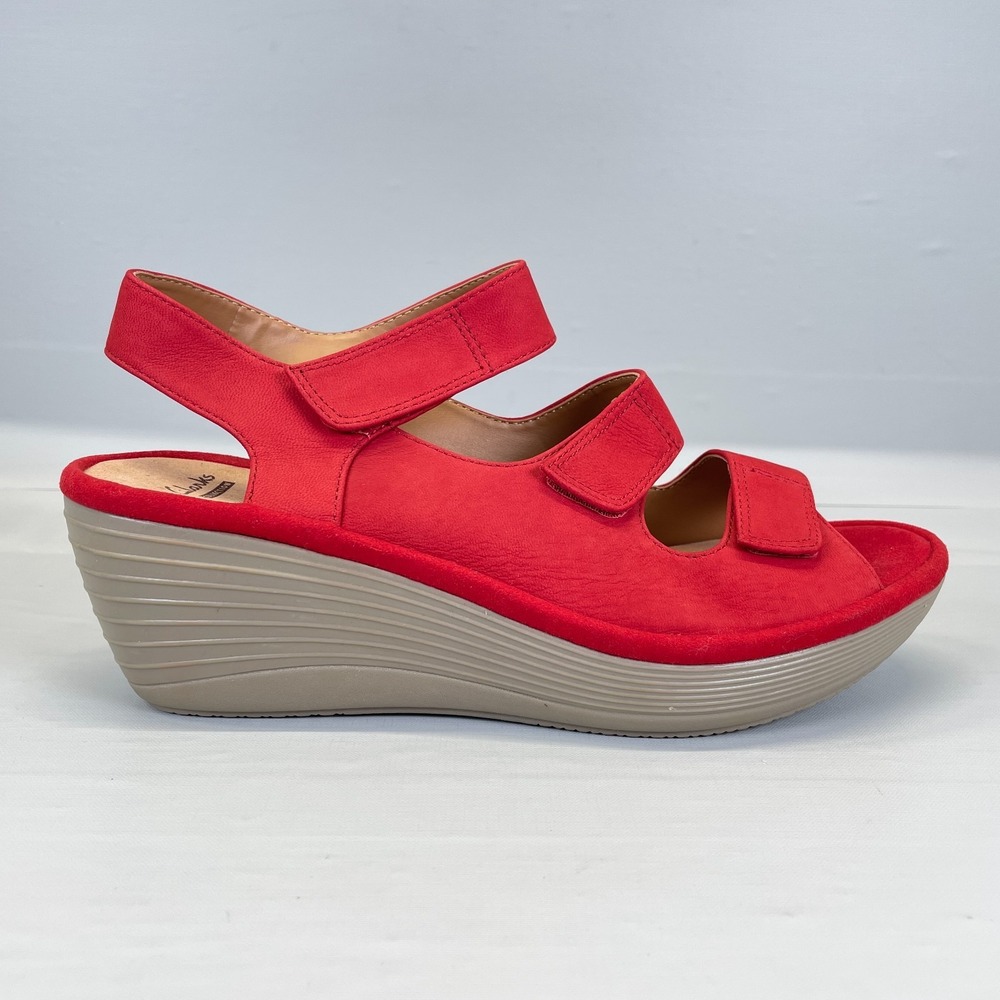 Clarks Reedly Juno Wedge Sandals Womens Size 9 M Red Nubuck Slingback Shoes